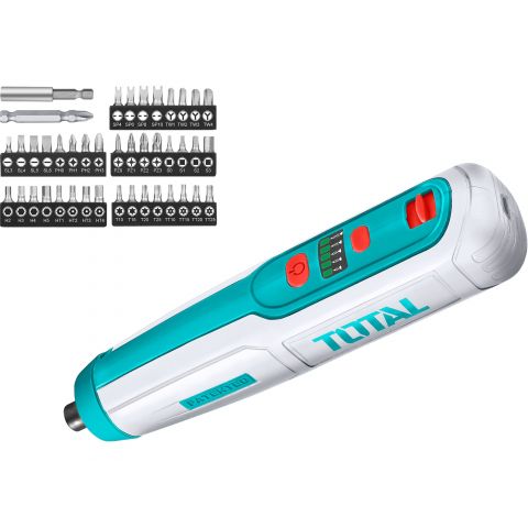 Total Mini atornillador sin cable, 4 V, carga USB, con juego de puntas TOTAL Total Mini atornillador sin cable, 4 V, carga USB, con juego de puntas TOTAL